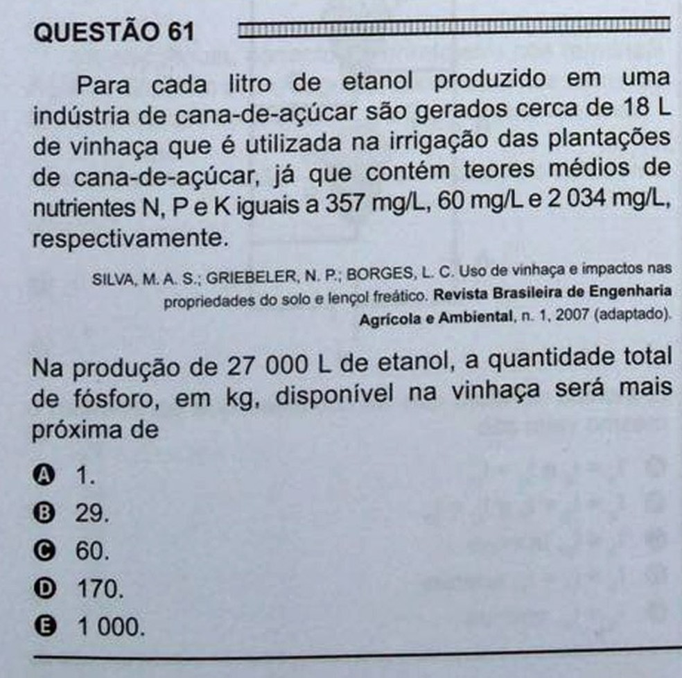 ENEM 2016 - 1º DIA - PROVA BRANCA - QUESTÃO 61 (Foto: G1 ) Questão 61 do Enem 2016 sobre a quantidade de fósforo na vinhaça resultante da produção de etanol.